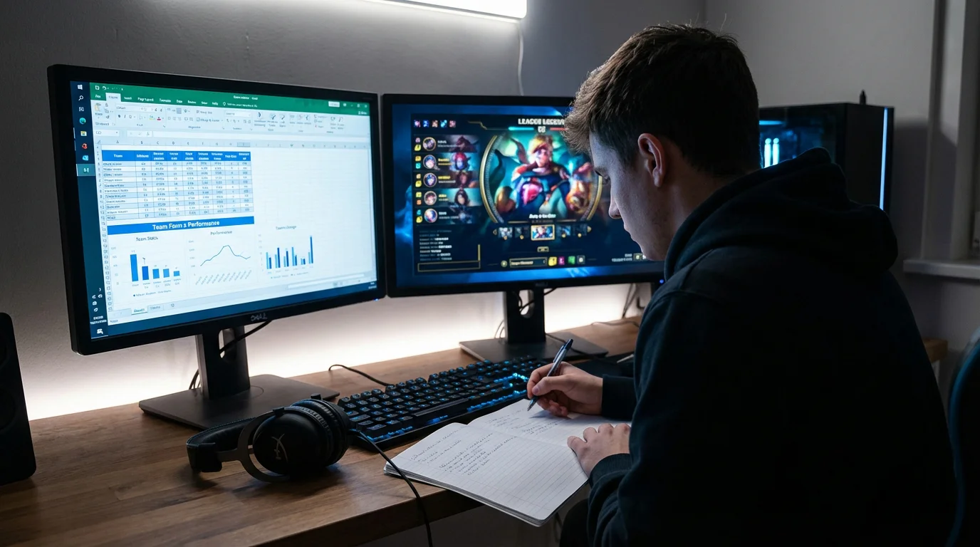 Analist verificând statistici LoL pe monitor pentru pregătirea unui pariu esports